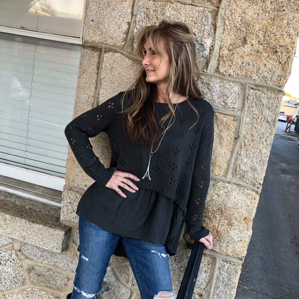 Charcoal Hi/Lo Boho Back Laced Sweater with Tunic - Picture 3 of 8
